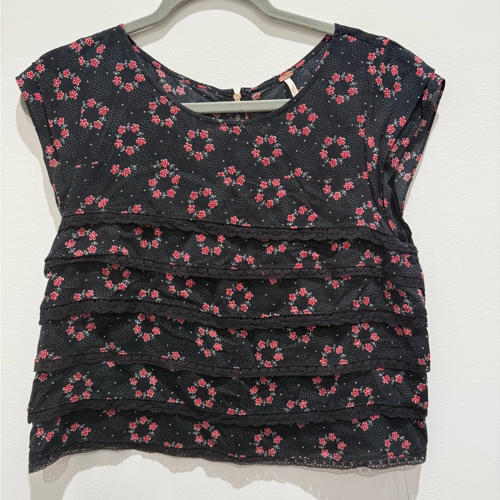 Free People Black Floral Ruffle Blouse
